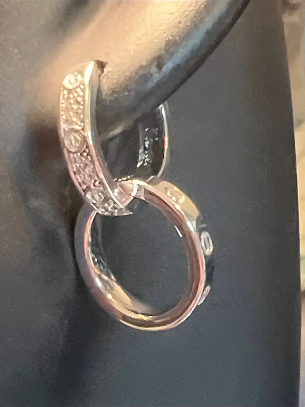Silver Hoop Drop Earrings with Textured Hinge